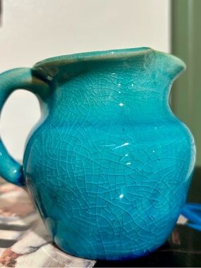 Pisgah Forest Pottery Handmade Turquoise Ceramic Pitcher with Crackle Glaze